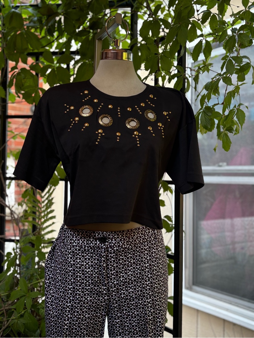Picadilly Fashion Black Crop Top with Gold Studs & Mirror Accents One Size